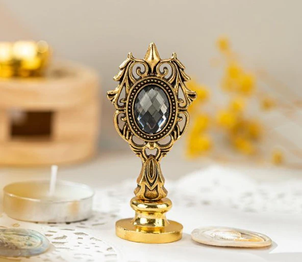 Kraliyet Füme Taşlı Döküm Metal Mum Mühürü Sapı Antik Gold - 3