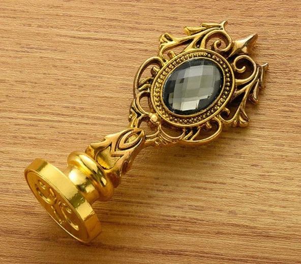 Kraliyet Füme Taşlı Döküm Metal Mum Mühürü Sapı Antik Gold - 4
