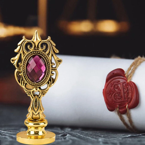 Kraliyet Bordo Taşlı Döküm Metal Mum Mühürü Sapı Antik Gold - Resim 4
