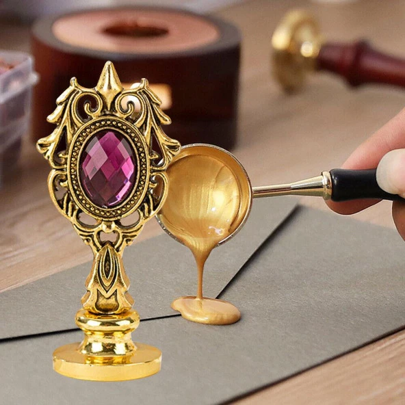 Kraliyet Bordo Taşlı Döküm Metal Mum Mühürü Sapı Antik Gold - Resim 5
