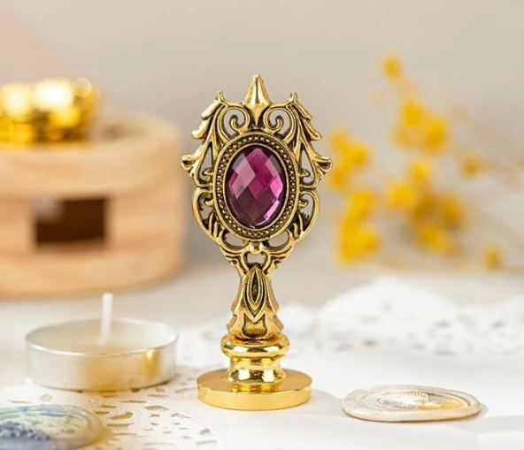 Kraliyet Bordo Taşlı Döküm Metal Mum Mühürü Sapı Antik Gold - Resim 8