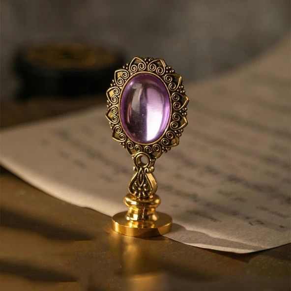 Kraliyet Lavanta Taşlı Döküm Metal Mum Mühürü Sapı Antik Gold - Resim 3