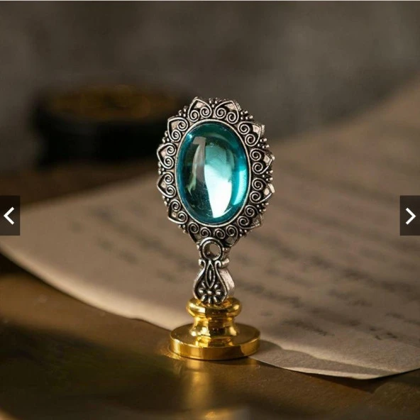 Kraliyet Mavi Taşlı Döküm Metal Mum Mühürü Sapı Antik Gümüş - Resim 3