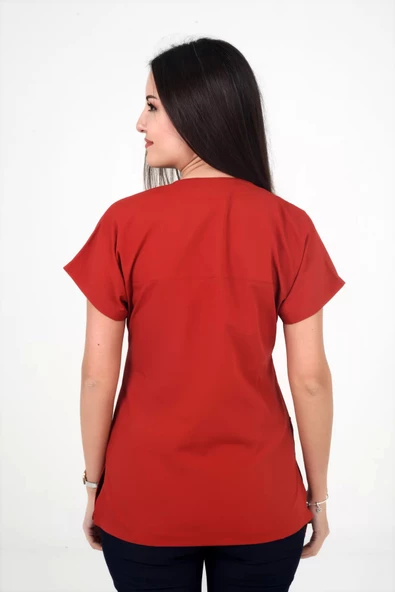 Deniz İş Kadın Likralı Yarasakol Kiremit Rengi Scrubs Tek Üst - 4