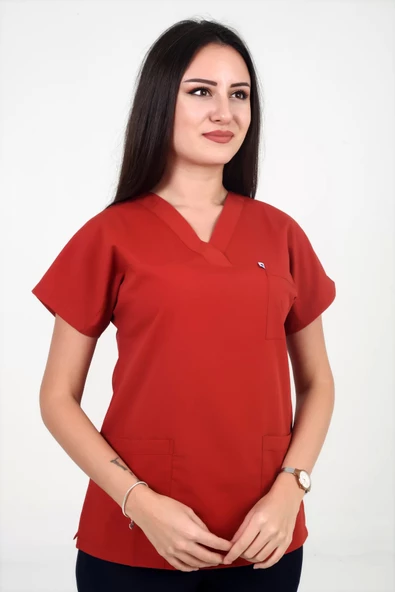 Deniz İş Kadın Likralı Yarasakol Kiremit Rengi Scrubs Tek Üst - 3