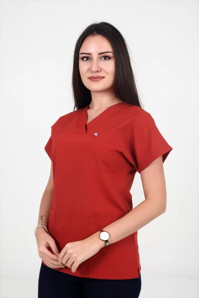Deniz İş Kadın Likralı Yarasakol Kiremit Rengi Scrubs Tek Üst - 2