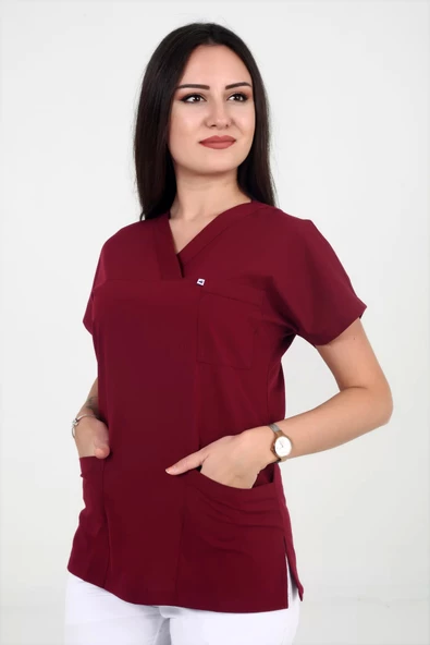Deniz İş Kadın Likralı Yarasakol Bordo Renk Scrubs Teküst - 2