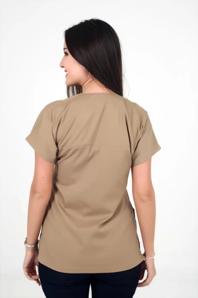 Deniz İş Kadın Likralı Yarasakol Bej Renk Scrubs Teküst - 3