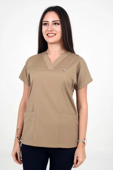 Deniz İş Kadın Likralı Yarasakol Bej Renk Scrubs Teküst
