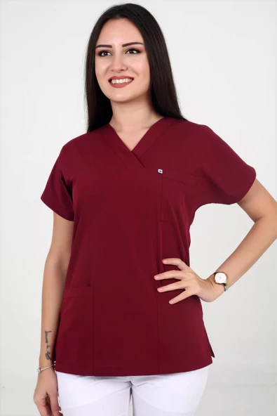 Deniz İş Kadın Likralı Yarasakol Bordo Renk Scrubs Teküst