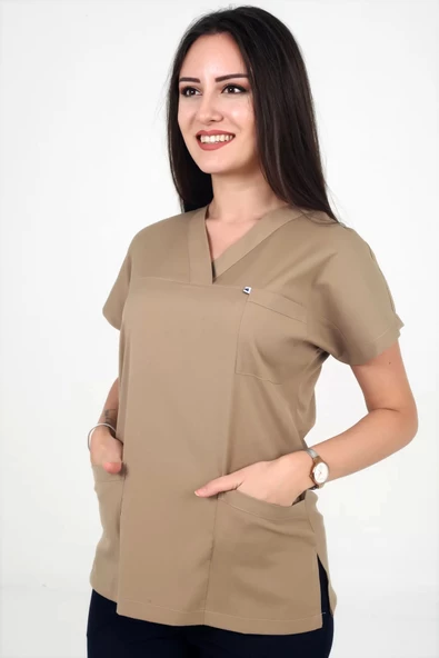 Deniz İş Kadın Likralı Yarasakol Bej Renk Scrubs Teküst - 2