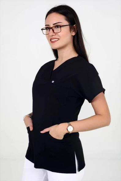 Deniz İş Kadın Likralı Yarasakol Siyah Renk Scrubs Teküst - 2