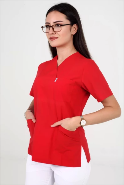Deniz İş Kadın Terycotton Zarf Yaka Kırmızı Renk Scrubs Teküst - 3