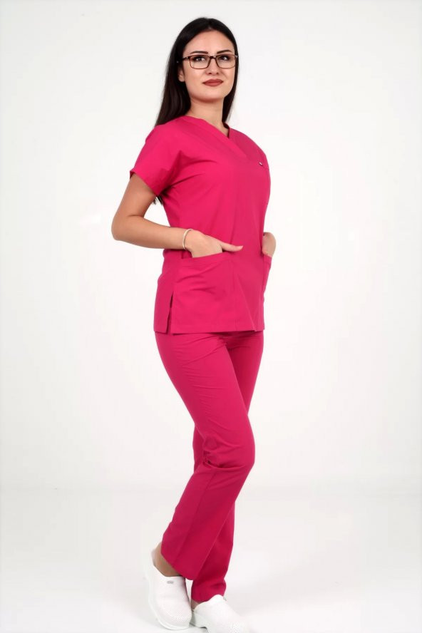 Deniz İş Kadın Terycotton Yarasakol Fuşya Renk Scrubs Takım - 2