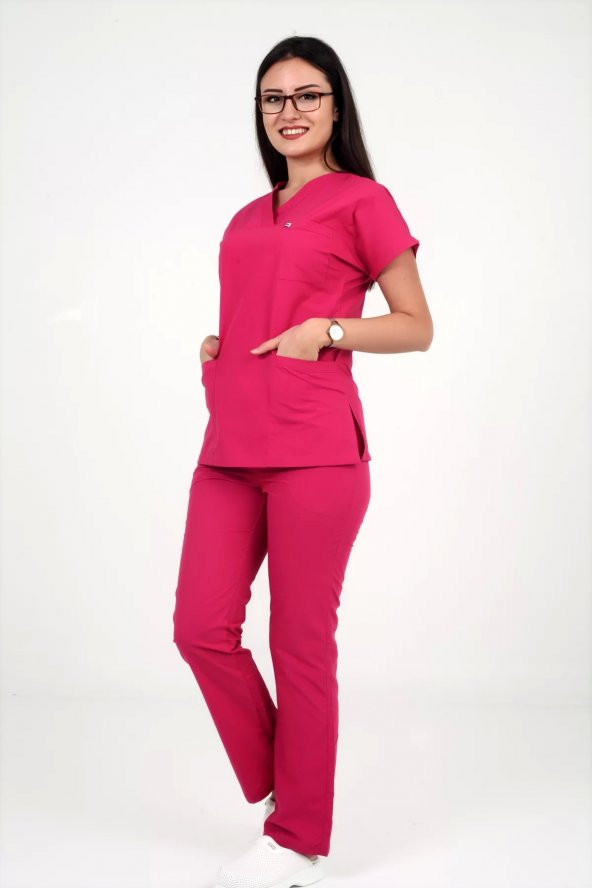 Deniz İş Kadın Terycotton Yarasakol Fuşya Renk Scrubs Takım - 4