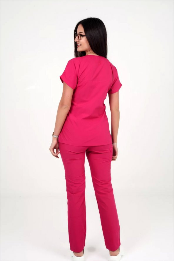 Deniz İş Kadın Terycotton Yarasakol Fuşya Renk Scrubs Takım - 5
