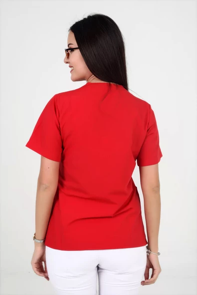 Deniz İş Kadın Terycotton Zarf Yaka Kırmızı Renk Scrubs Teküst - 4