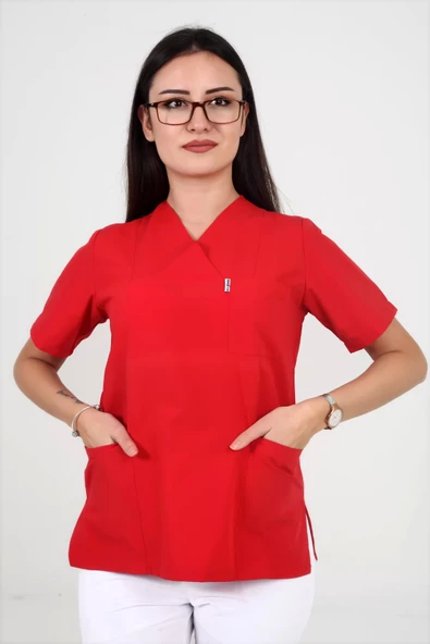 Deniz İş Kadın Terycotton Zarf Yaka Kırmızı Renk Scrubs Teküst - 2