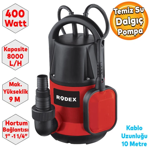 Rodex RDX814 Dalgıç Pompa Temiz Su 400W 8000 L/H 8 Metre