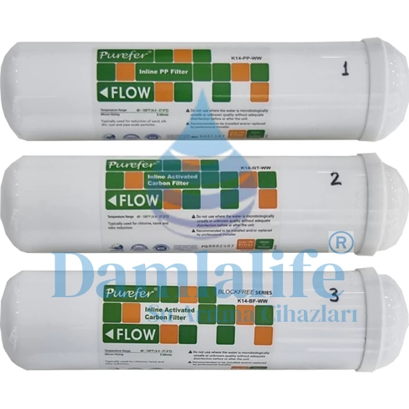 12" NSF Purefer filtre 3 lü İnline Filtre Seti
