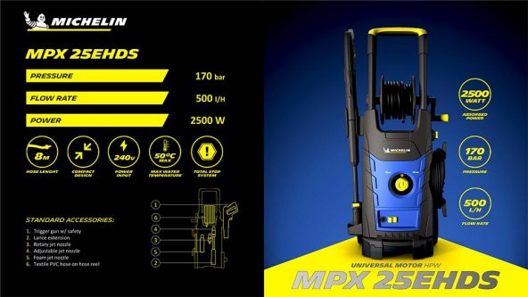 Michelin MPX25EHDS 2500W 170Bar Çift Hızlı Profesyonel Basınçlı Yıkama - Resim 4
