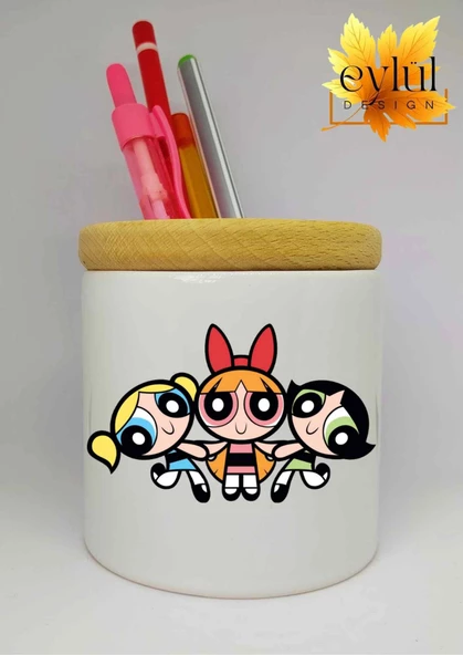 Powerpuff Girls Baskılı Seramik Kalemlik Ahşap Detaylı Makyaj Fırça Kutusu Kalem Kutusu