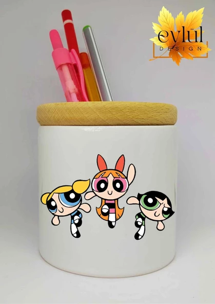 Powerpuff Girls Baskılı Seramik Kalemlik Ahşap Detaylı Makyaj Fırça Kutusu Kalem Kutusu