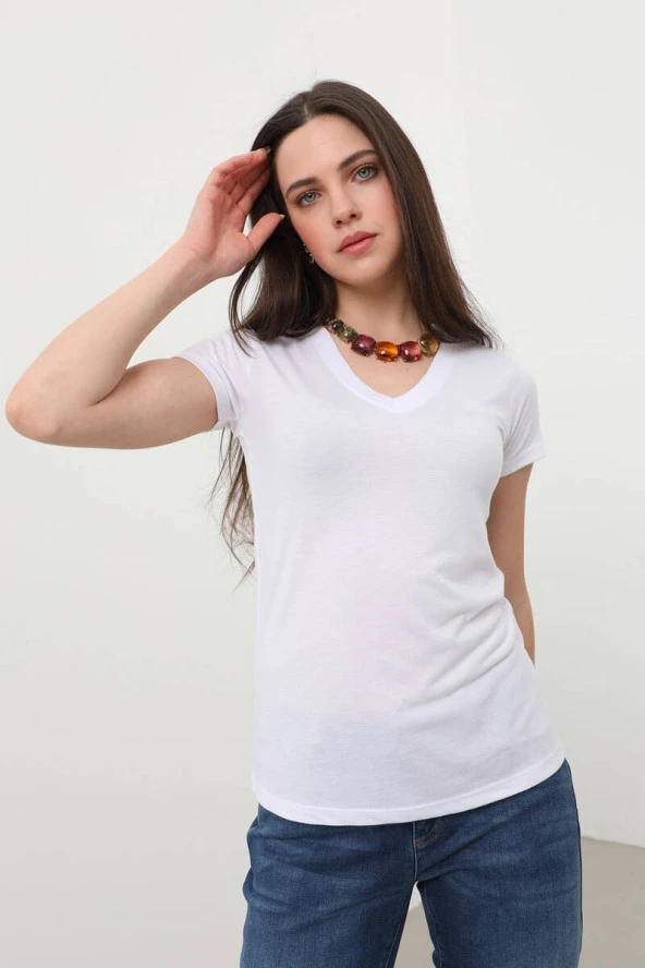 Kadın V Yaka Basic T-Shirt Beyaz