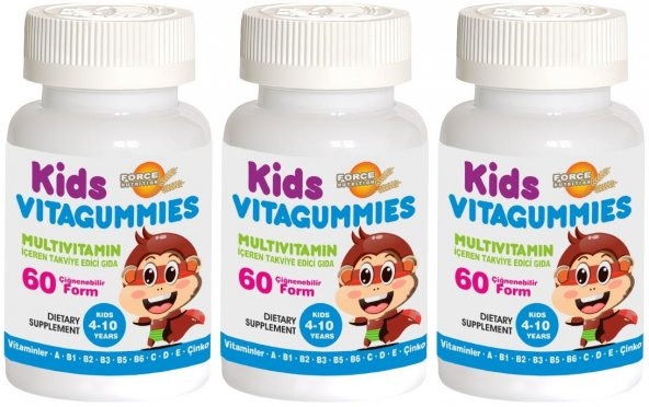 Force Nutrition Kids Vitagummies 4-10 Yaş Çoçuk Multivitamin 3x60 Çignenebilir Form