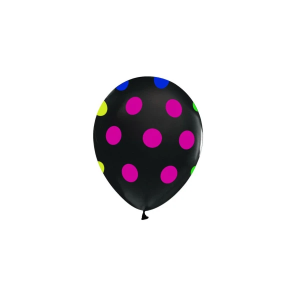 Balonevi Balon Çepeçevre Floresan Puantiye Baskılı 12" Siyah (100 Lü Paket)