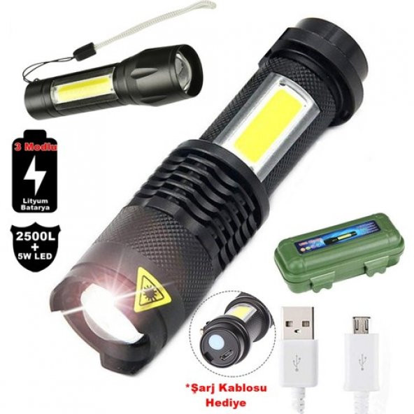 Su Geçirmez Şarjlı El Feneri 2500 Lumens + 5W COB LED USB Lion Şarjlı Ultra Güçlü Q5 XPE (3984)