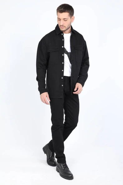 Erkek Oversize Jean Gömlek Siyah - Resim 3
