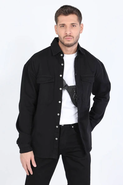 Erkek Oversize Jean Gömlek Siyah - Resim 2