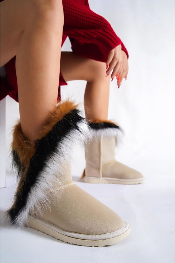 Furry İçi Kürklü Dışı Renkli Yapay Tüylü Bej Kadın Bot 1 No# Büyük Alınız