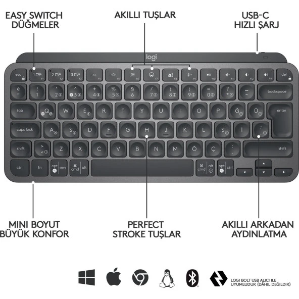 Logitech MX Keys Mini Minimalist Kablosuz Bluetooth Aydınlatmalı Türkçe Q Klavye - Siyah - Resim 6