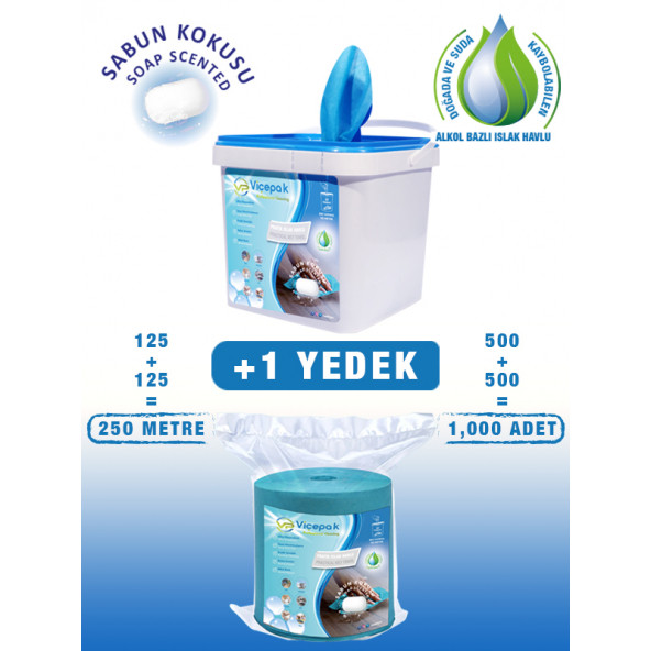 Vicepak Professional Cleaning 1000 Adet 250 Metre Extra Pratik Kova Ve Yedek Islak Havlu, Sabun Kokulu