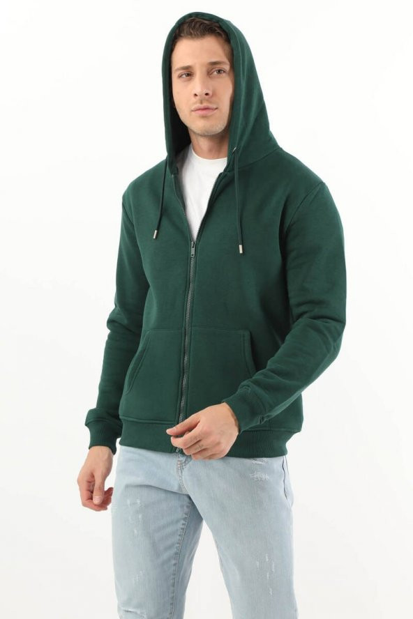 Erkek Cepli Fermuarlı Kapüşonlu Şardonlu Sweatshirt Yeşil