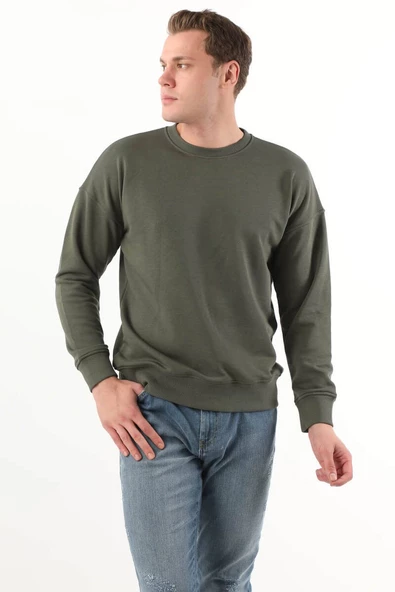 Erkek Bisiklet Yaka Oversize Sweatshirt Haki