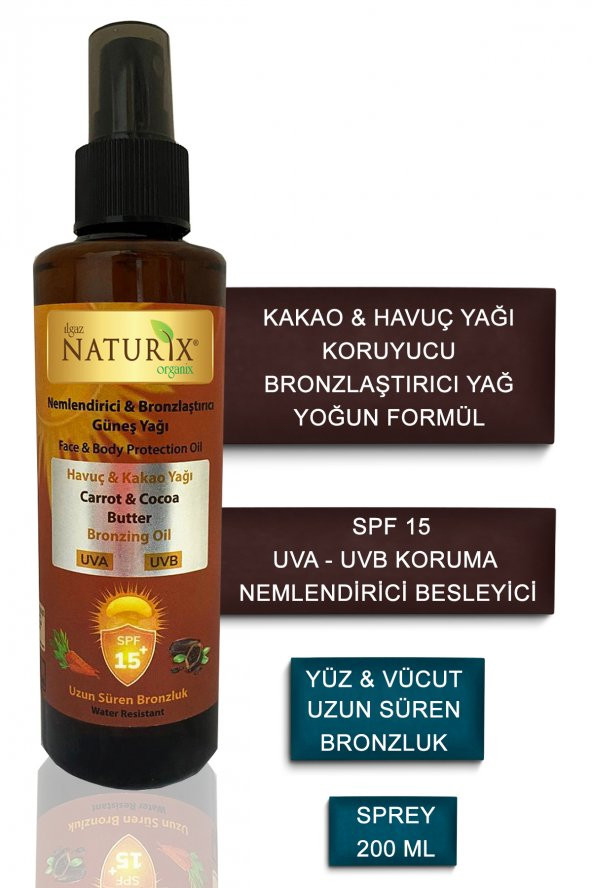 Kakao & Havuç Yağı Spf 15 Yoğun Bronzlaştırıcı Yağ 200 ml Sprey + Tuzsuz Argan Yağlı Şampuan 600 ml