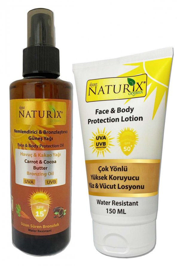 Spf 50+ Yüksek Koruyucu Yüz & Vücut Losyonu + Kakao & Havuç Yağı Spf 15 Yoğun Bronzlaştırıcı Yağ