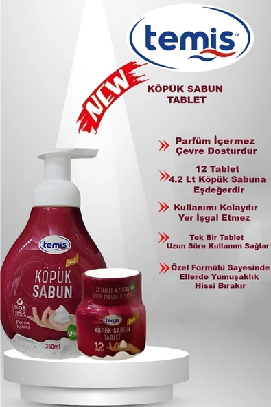 Temis Köpük Sabun 12 Tablet 4.2 Litre Yeni Nesil Köpük Sıvı Sabun Tablet Şişe Hediyeli - 3