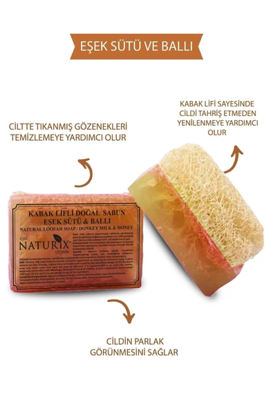 Doğal Kabak Lifli Eşek Sütü & Ballı Sabun İpeksi Cilt İçin Natural Akne Kurutucu Natural Soap 130 Gr