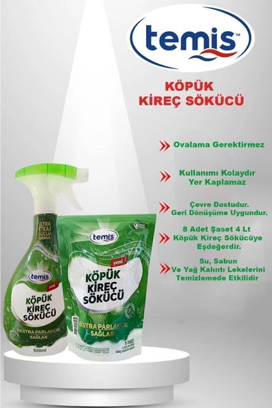 Temis Köpük Kireç Sökücü 8 Paket 4 Litre Yeni Nesil Kireç ve Kir Sökücü + Şişe Hediyeli Toz Format - 5