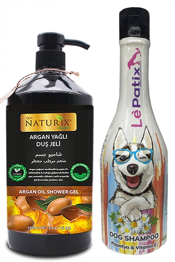 Köpek Şampuanı Koku Giderici Papatya Özlü Pet Şampuan 400 Ml + Naturix Argan Yağlı Duş Jeli 1000 Ml