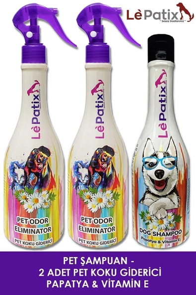 Le Patix Koku Giderici Sprey ve Köpek Şampuanı Seti - Papatya ve Vitamin E İçerikli (400 ml x 3)