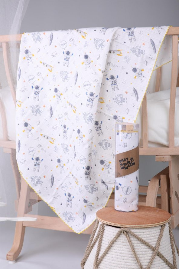 Müslin Örtü 85x90cm Astronot Desen Organik Hediyelik Emzirme Alt Açma Yenidoğan Puset Örtüsü - 3