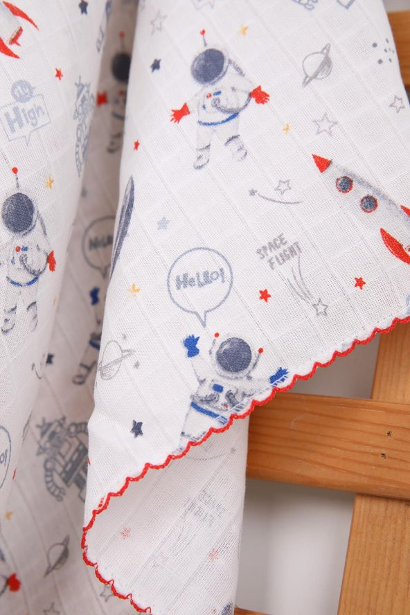 Müslin Örtü 85x90cm Astronot Desen Organik Hediyelik Emzirme Alt Açma Yenidoğan Puset Örtüsü - 7