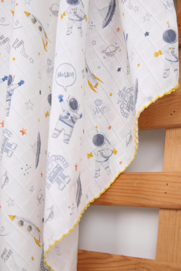 Müslin Örtü 85x90cm Astronot Desen Organik Hediyelik Emzirme Alt Açma Yenidoğan Puset Örtüsü - 10