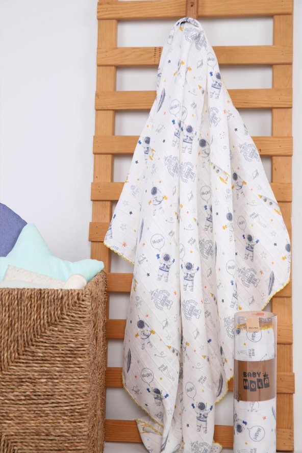 Müslin Örtü 85x90cm Astronot Desen Organik Hediyelik Emzirme Alt Açma Yenidoğan Puset Örtüsü - 4