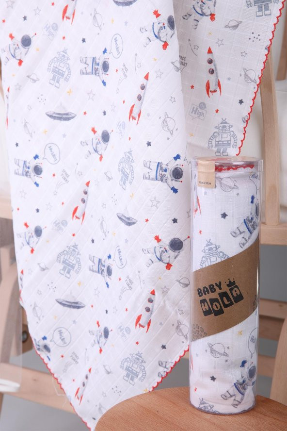 Müslin Örtü 85x90cm Astronot Desen Organik Hediyelik Emzirme Alt Açma Yenidoğan Puset Örtüsü - 5